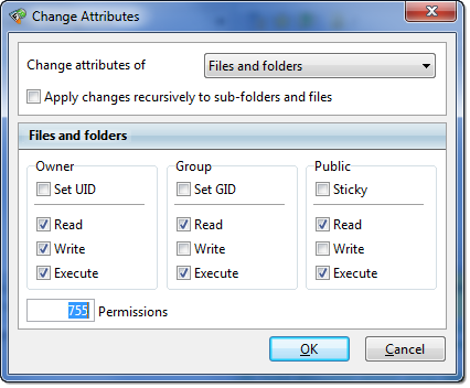 FlashFXP | Change File Attributes dialog